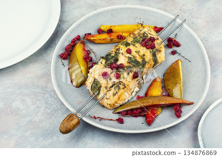 Tasty salmon skewers. 134876869