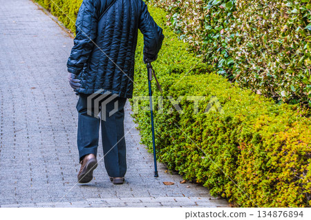Yokohama cityscape in Japan, December... Aging society, elderly woman with a cane, leaning body when walking... Yokohama cityscape in Japan, December... Aging society, elderly woman with a cane, leaning body when walking... 134876894