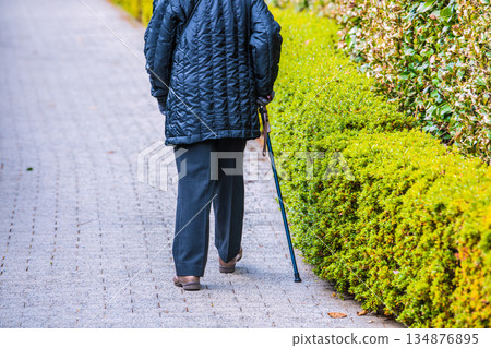 Yokohama cityscape in Japan, December... Aging society, elderly woman with a cane, leaning body when walking... Yokohama cityscape in Japan, December... Aging society, elderly woman with a cane, leaning body when walking... 134876895