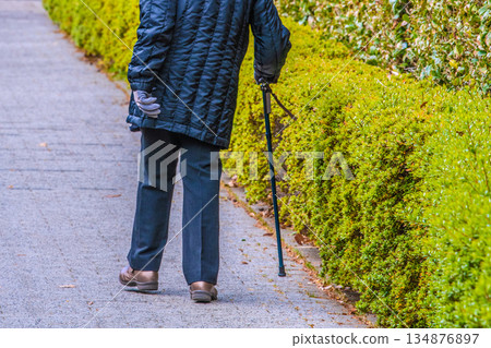 Yokohama cityscape in Japan, December... Aging society, elderly woman with a cane, leaning body when walking... Yokohama cityscape in Japan, December... Aging society, elderly woman with a cane, leaning body when walking... 134876897
