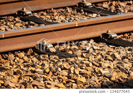 Railway rails and crushed stone 134877045