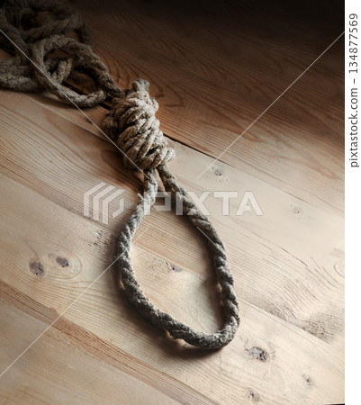 A loop made from old thick rope A loop made from old thick rope 134877569