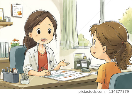 醫療諮詢示意圖，圖中護理師在檢查前溫和地解釋相關內容。 134877579