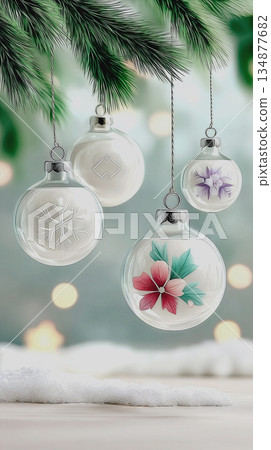 Beautifully Crafted Glass Decorations Under Pine Branches With Soft Glowing Light And Festive Motifs 134877682