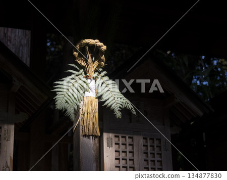 New Year's decorations at a shrine illuminated by sunlight 134877830