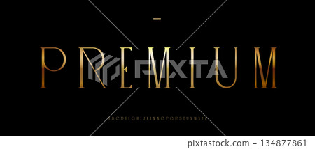 Premium golden font logo alphabet elegant serif typography, thin narrow condensed letters for premium product, beauty industry logo, luxury branding, gold vintage headline fonts. Vector logos typeset Premium golden font logo alphabet elegant serif typography, thin narrow condensed letters for premium product, beauty industry logo, luxury branding, gold vintage headline fonts. Vector logos typeset 134877861