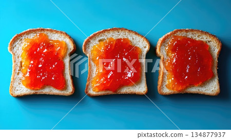 Three Slices of Toast with Red Jam on Blue Background Top View Three Slices of Toast with Red Jam on Blue Background Top View 134877937