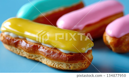 Assorted Glazed Eclairs with Cream Filling on Blue Background, Close-Up Food Photography 134877950