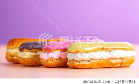 Row of Colorful Cream-Filled Eclairs on Pastel Background, Dessert Display Row of Colorful Cream-Filled Eclairs on Pastel Background, Dessert Display 134877951