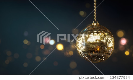 Golden Disco Ball Hanging with Bokeh Lights, Party and Celebration Background 134877954