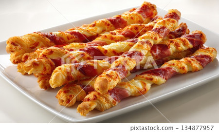 Cheese and Prosciutto Twisted Puff Pastry Sticks on White Plate Cheese and Prosciutto Twisted Puff Pastry Sticks on White Plate 134877957