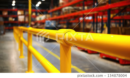 Yellow Safety Handrail in Modern Warehouse with Storage Shelves Yellow Safety Handrail in Modern Warehouse with Storage Shelves 134878004