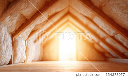 Insulated Attic Space with Thermal Material and Wooden Roof Structure Insulated Attic Space with Thermal Material and Wooden Roof Structure 134878057