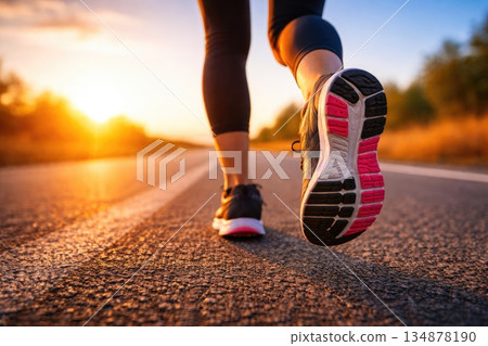 Close Up of Runner Feet Jogging on Road at Sunrise or Sunset 134878190