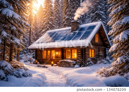 Cozy Winter Cabin with Solar Panels in Snowy Forest Cozy Winter Cabin with Solar Panels in Snowy Forest 134878209