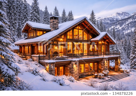 Luxury Wooden Mountain Chalet with Warm Lights in Snowy Winter Forest at Dusk 134878226