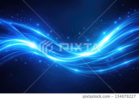 Abstract Blue Glowing Light Waves and Particles on Dark Background Technology Concept 134878227