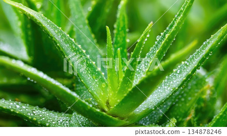 Fresh Aloe Vera Plant with Water Drops Close-Up Fresh Aloe Vera Plant with Water Drops Close-Up 134878246