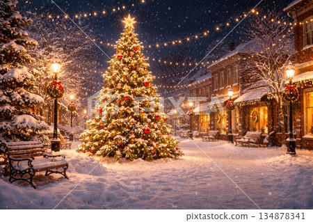 Snowy Christmas Town Square with Decorated Tree and Festive Lights at Night Snowy Christmas Town Square with Decorated Tree and Festive Lights at Night 134878341