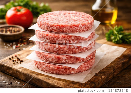 Raw Beef Burger Patties Stacked on Wooden Board Raw Beef Burger Patties Stacked on Wooden Board 134878348