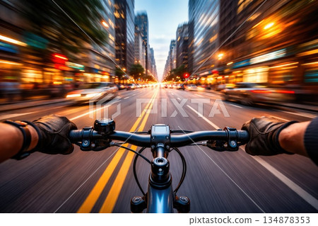 First Person View of Fast Cycling Through City Street 134878353