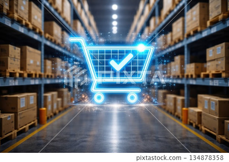 Digital Shopping Cart in Warehouse Logistics Concept 134878358