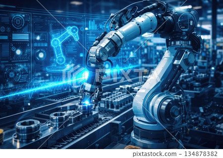 Advanced Industrial Robotic Arm in Smart Factory with Digital Interface Technology Advanced Industrial Robotic Arm in Smart Factory with Digital Interface Technology 134878382
