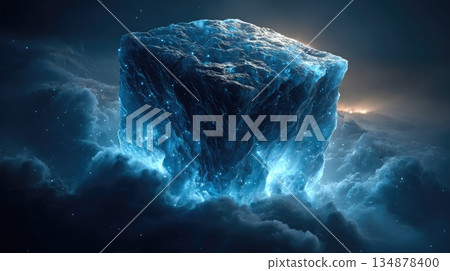 Futuristic Floating Ice Cube in Mystical Cloudy Atmosphere 134878400