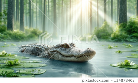 Alligator Swimming in Misty Forest River at Sunrise Alligator Swimming in Misty Forest River at Sunrise 134878402