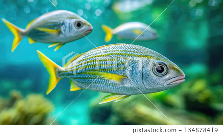 Tropical Fish Swimming in Clear Blue Water with Coral Background Tropical Fish Swimming in Clear Blue Water with Coral Background 134878419