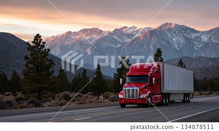 Red Semi Truck Driving on Highway Through Mountain Landscape at Sunset Red Semi Truck Driving on Highway Through Mountain Landscape at Sunset 134878511