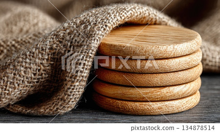 Natural Wooden Coasters with Burlap Fabric in Rustic Eco Style Natural Wooden Coasters with Burlap Fabric in Rustic Eco Style 134878514