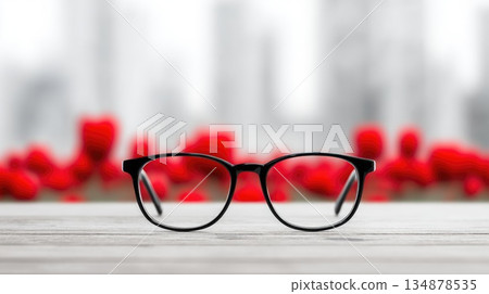 Minimalist Black Eyeglasses on Wooden Table with Blurred Red Background 134878535