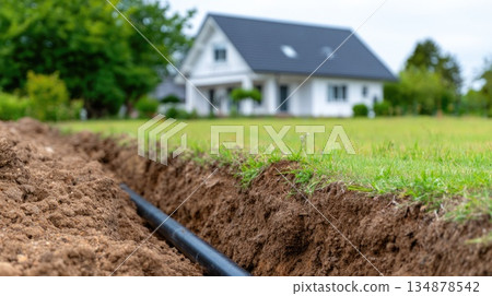 Underground Water Pipe Installation Near Residential House Underground Water Pipe Installation Near Residential House 134878542
