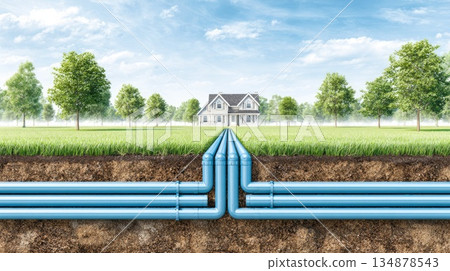 Underground Water Supply System Cross Section Leading to Family House 134878543