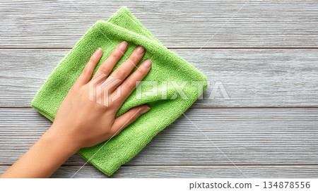 Hand Cleaning Wooden Surface with Green Microfiber Cloth Hand Cleaning Wooden Surface with Green Microfiber Cloth 134878556