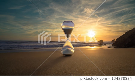 Hourglass on Sandy Beach at Sunset Symbolizing Time and Change Hourglass on Sandy Beach at Sunset Symbolizing Time and Change 134878584