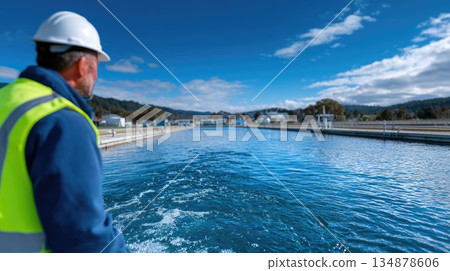 Water Treatment Plant Operator Monitoring Clean Water Basin Under Blue Sky 134878606