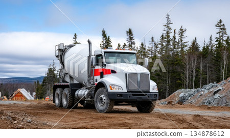 Concrete Mixer Truck Driving on Construction Site in Rural Landscape Concrete Mixer Truck Driving on Construction Site in Rural Landscape 134878612