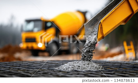 Fresh Concrete Being Poured onto Reinforcement at Construction Site Fresh Concrete Being Poured onto Reinforcement at Construction Site 134878613