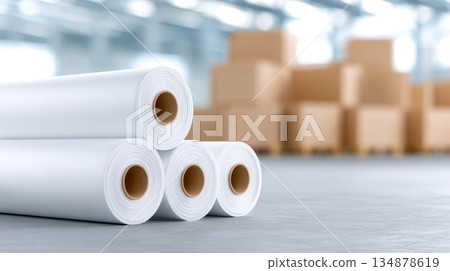 Rolled Industrial Packaging Material in Modern Warehouse Interior Rolled Industrial Packaging Material in Modern Warehouse Interior 134878619