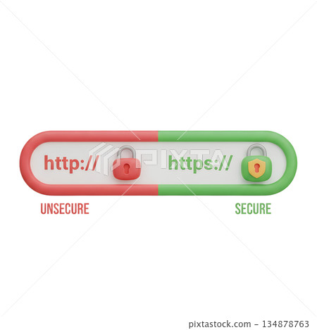 3d illustration comparing http (unsecure) and https (secure) website protocols, with lock icons for cybersecurity and web safety concepts 3d illustration comparing http (unsecure) and https (secure) website protocols, with lock icons for cybersecurity and web safety concepts 134878763