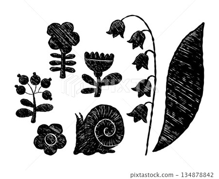 Black Silhouette Crayon Flowers and snail. Folk Art. Floral Elements set. Isolated Textured hand-drawn doodles on white background. Primitive stylized vector drawings. Not AI 134878842