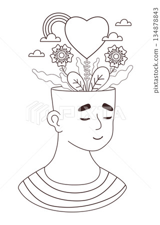 Mental Health. Inner Zen and Emotional Balance. Coloring Page with Male, Heart, Flowers and Rainbow. Line Art drawing for Adult Mindfulness and Recovery. Positive Mindset. Vector Illustration Not AI 134878843