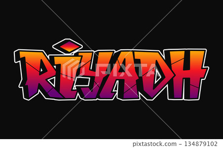Riyadh city name street art lettering gradient style 134879102