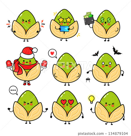 Cute pistachio character expressing various emotions and concepts 134879104