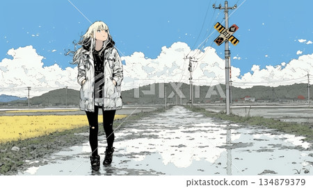 一位年輕女子走在因雪融化而變得泥濘的道路上。 134879379