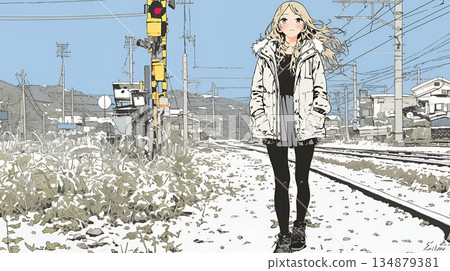 A young woman walking on a muddy road due to melting snow A young woman walking on a muddy road due to melting snow 134879381