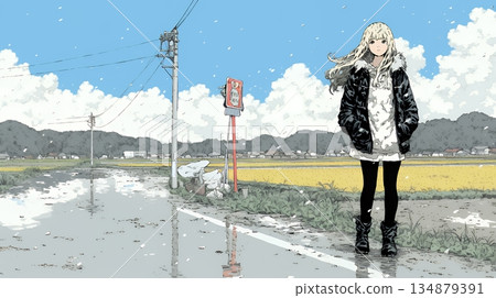 一位年輕女子走在因雪融化而變得泥濘的道路上。 134879391