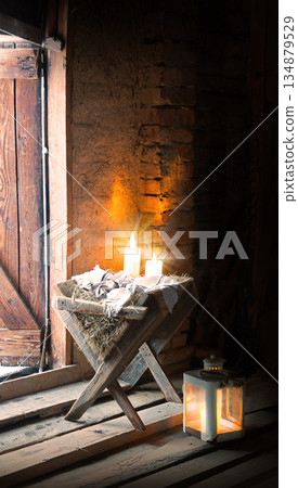 Manger in the barn. Christmas background Manger in the barn. Christmas background 134879529